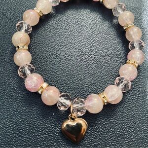 Crystal Pink Beaded Bracelet with Heart 7”-8” stretchy NEW Gorgeous!